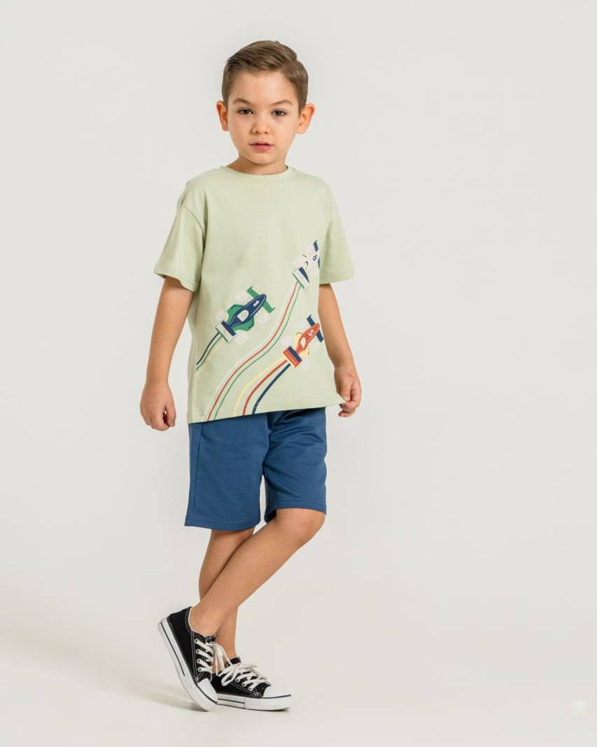 Race Car Graphic Tee & Slate Blue Shorts Set  ( 2-6 years)