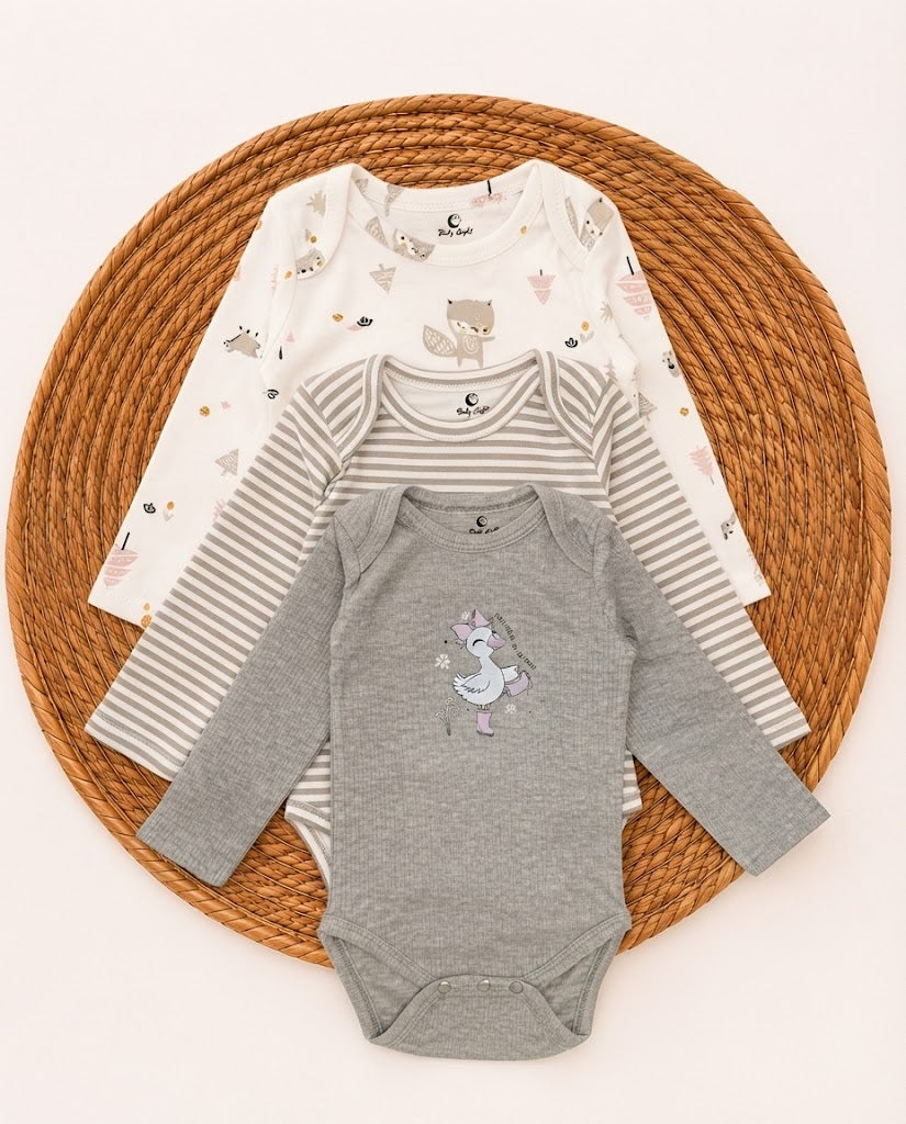 3-pcs Cotton Long Sleeve Bodysuit Set- Goose (6-36 months)