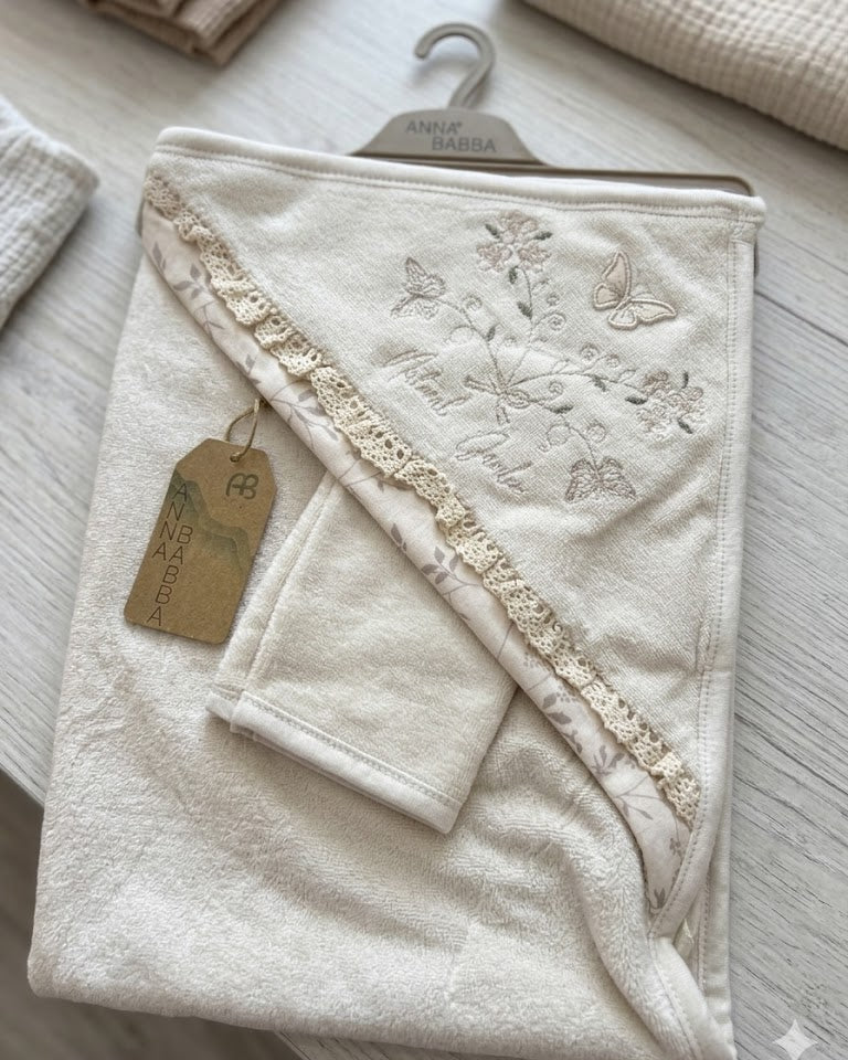 Cream  Floral & Butterfly Towel Set With loofah