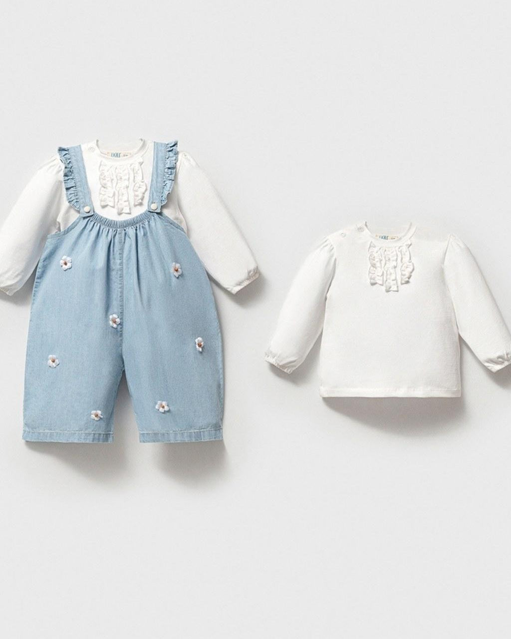 Sweet Daisy Floral Denim Overalls & Ruffle Blouse Set