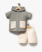 Two-Piece Grid Pattern Hooded Set- Blue and Grey (2-3-4 years)