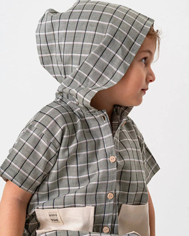 Two-Piece Grid Pattern Hooded Set- Blue and Grey (2-3-4 years)