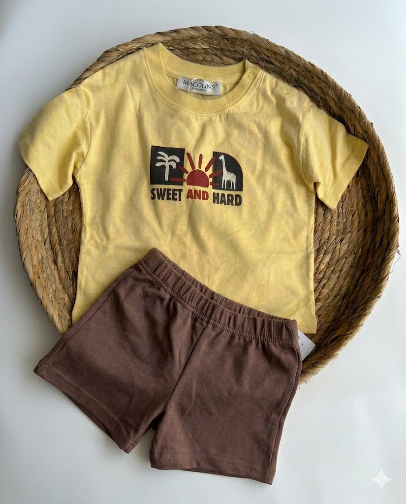 Sunny Safari 'Sweet and Hard' Tee & Brown Shorts Set  ( 6 months-3 years)