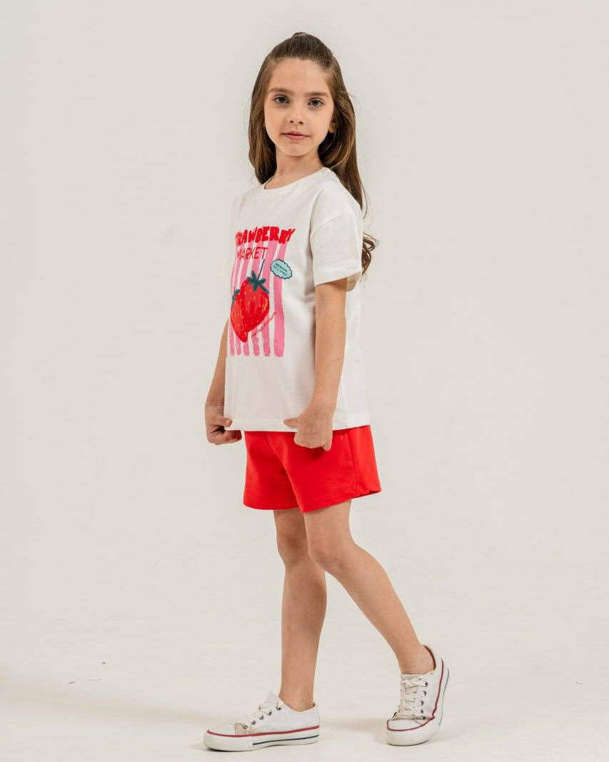 "Strawberry Market" Graphic Tee & Bright Red Shorts Set ( 2-6 years)