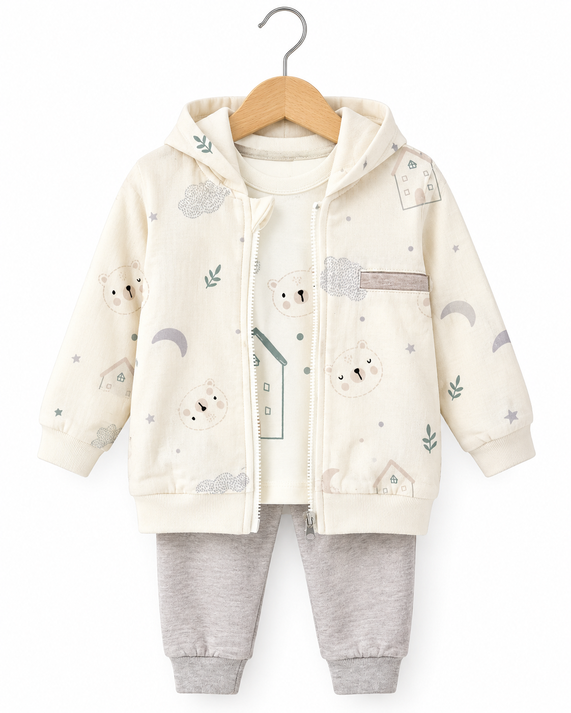 Cute Bear Print Hooded Baby Jacket & Pants 3-Piece CottonSet