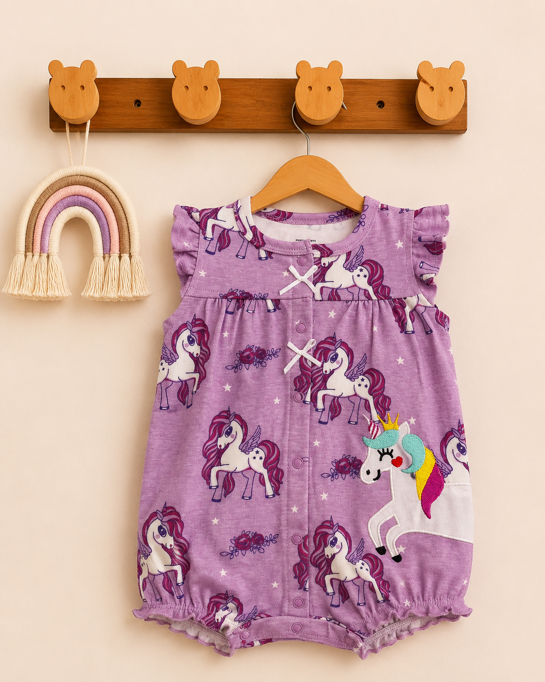 Purple Unicorn Print One-Piece Cotton Romper