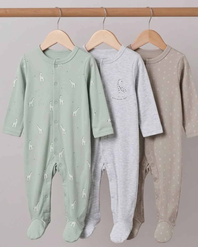 3-Pack Unisex Cotton Footed Sleepsuits- Giraffe (3 and 6 months)