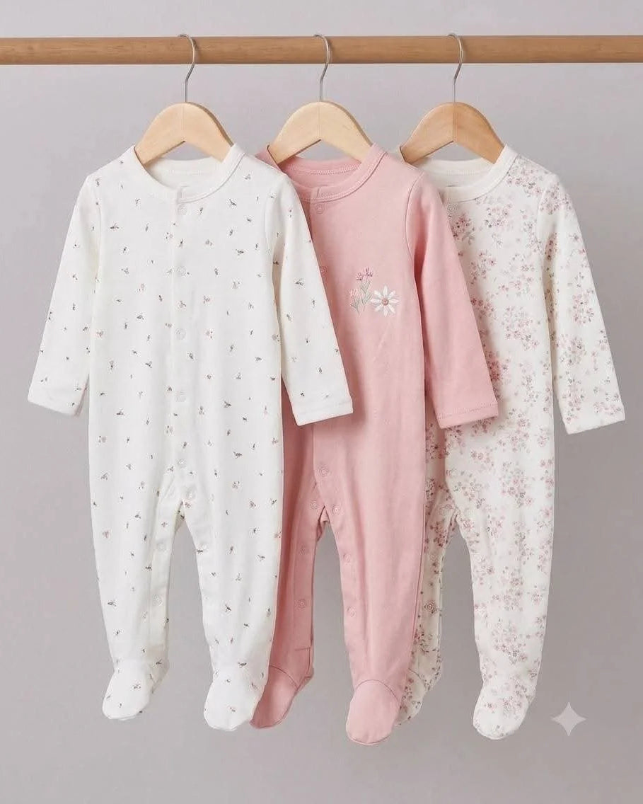 3-Pack Baby Girls Cotton Footed Sleepsuits- Pink Blossom ( 3 and 6 months)