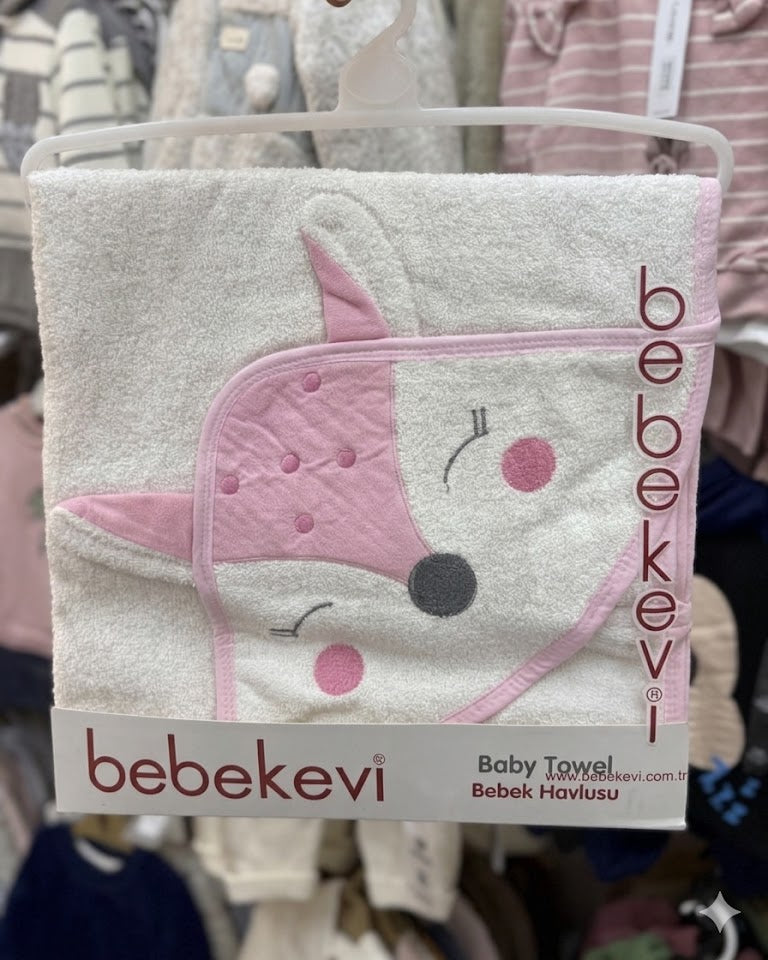 Fox Patterned Pink Towel Set With loofah