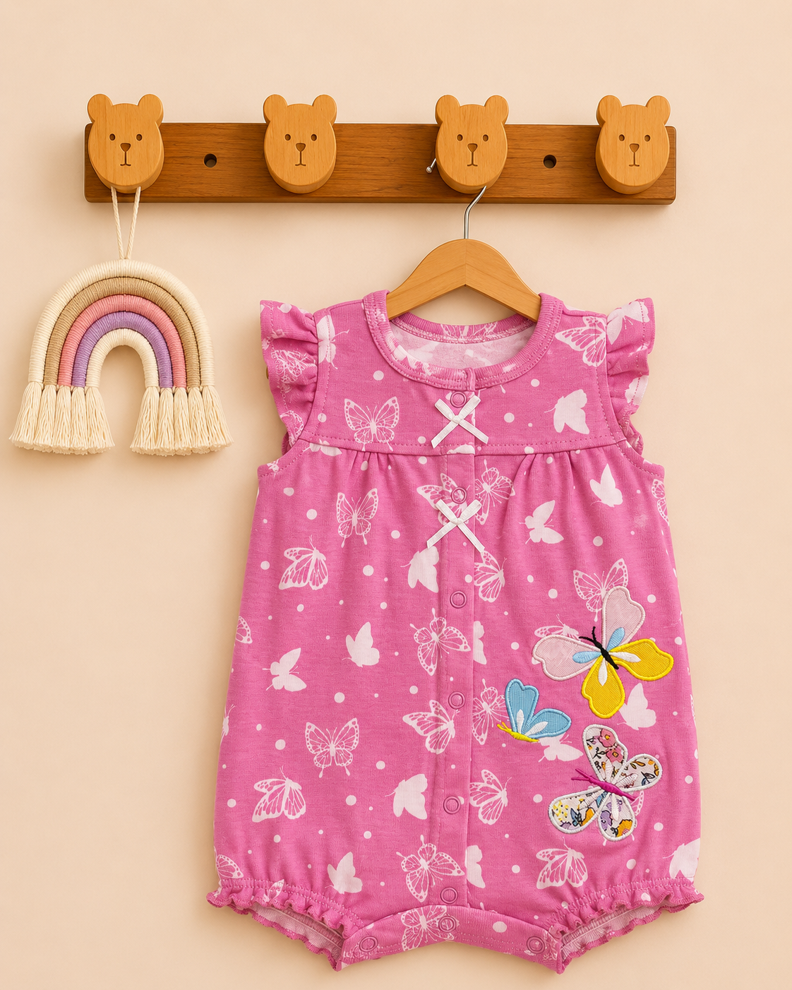 Pink Butterfly Print One-Piece Cotton Romper