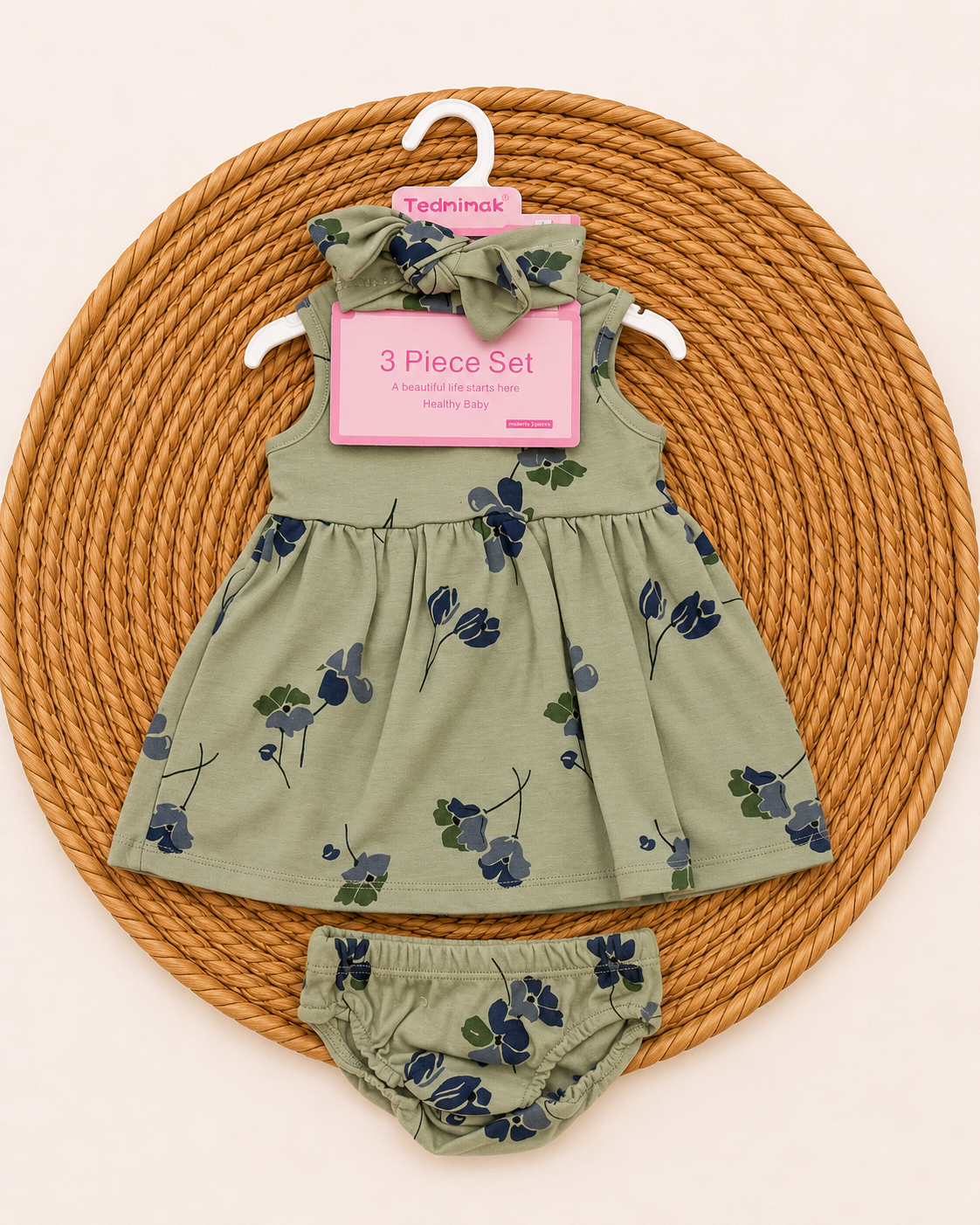 3- Pcs Green Floral Print Baby Dress (6 and 24 months)
