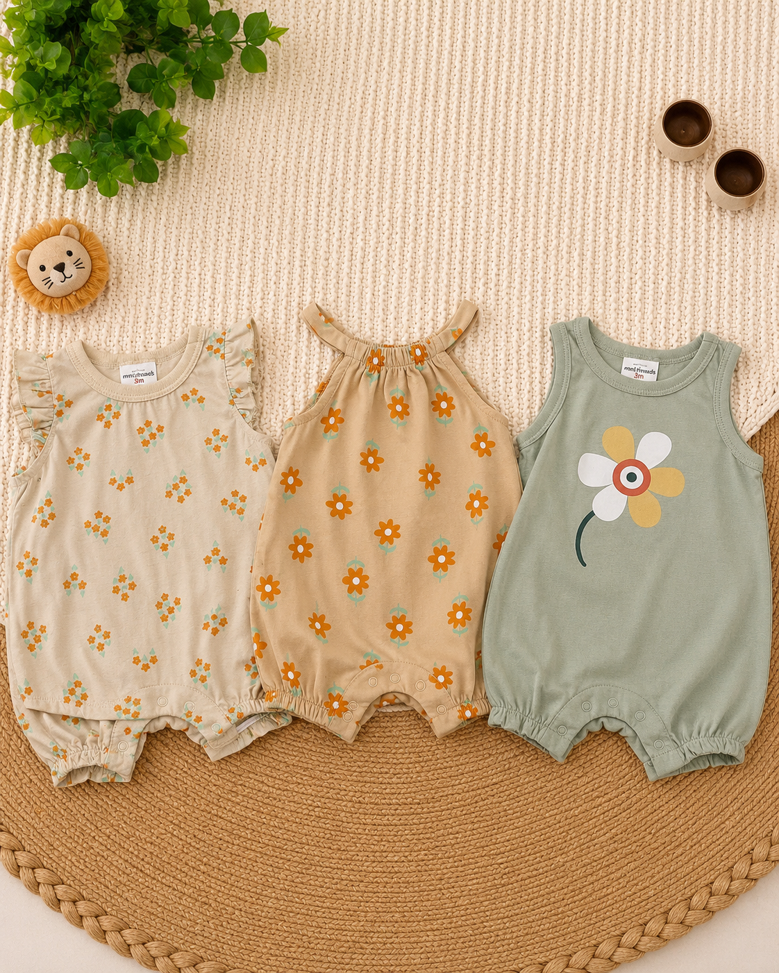 Flower Graphic 3-Piece Romper Set (3 months)