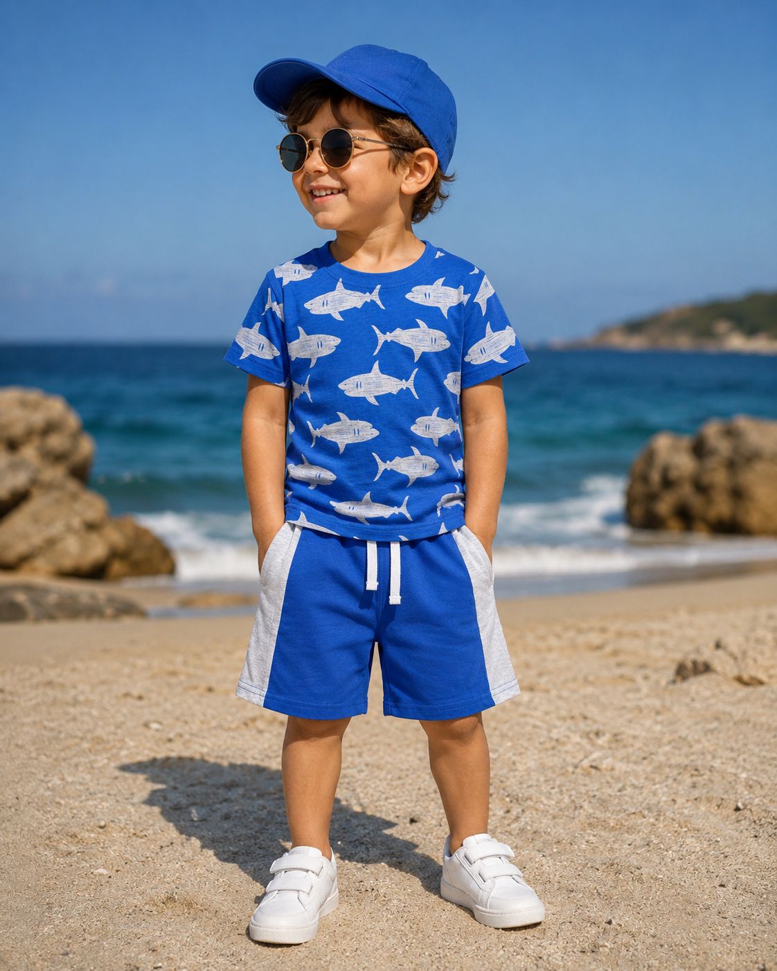 Little Shark Cotton T-Shirt and Shorts Set with Hat (2-6 Years)