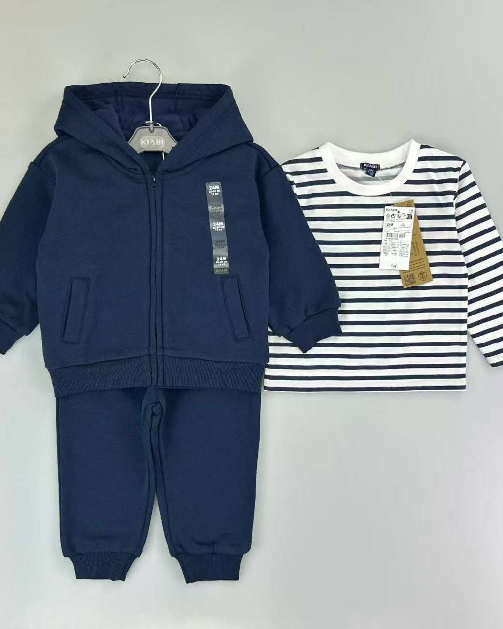 Baby Boy Navy Fleece Tracksuit Set with Striped Long Sleeve T-Shirt | 3-Piece Outfit