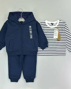 Baby Boy Navy Fleece Tracksuit Set with Striped Long Sleeve T-Shirt | 3-Piece Outfit