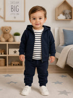 Baby Boy Navy Fleece Tracksuit Set with Striped Long Sleeve T-Shirt | 3-Piece Outfit