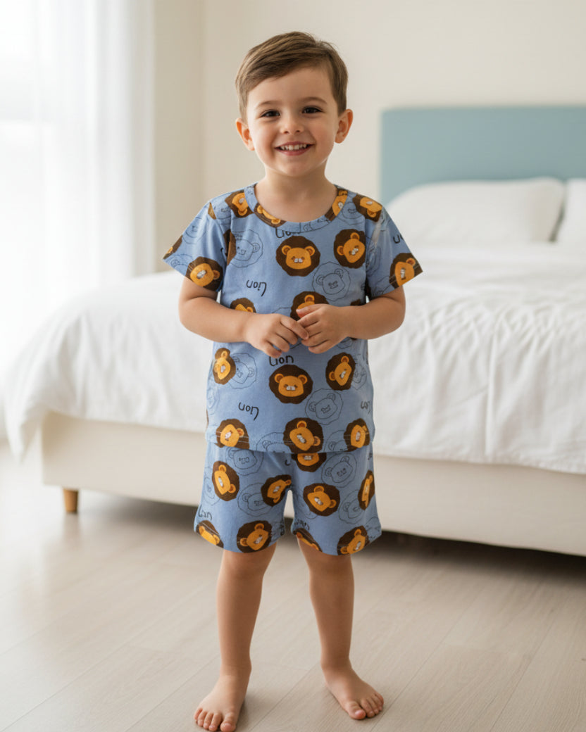 Lion Print Pajama Set - Short Sleeve T-Shirt & Shorts (2-5 years)
