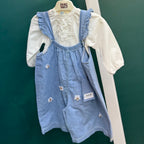 Sweet Daisy Floral Denim Overalls & Ruffle Blouse Set