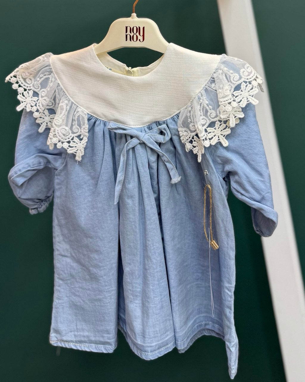 Denim Dress with White Lace Collar