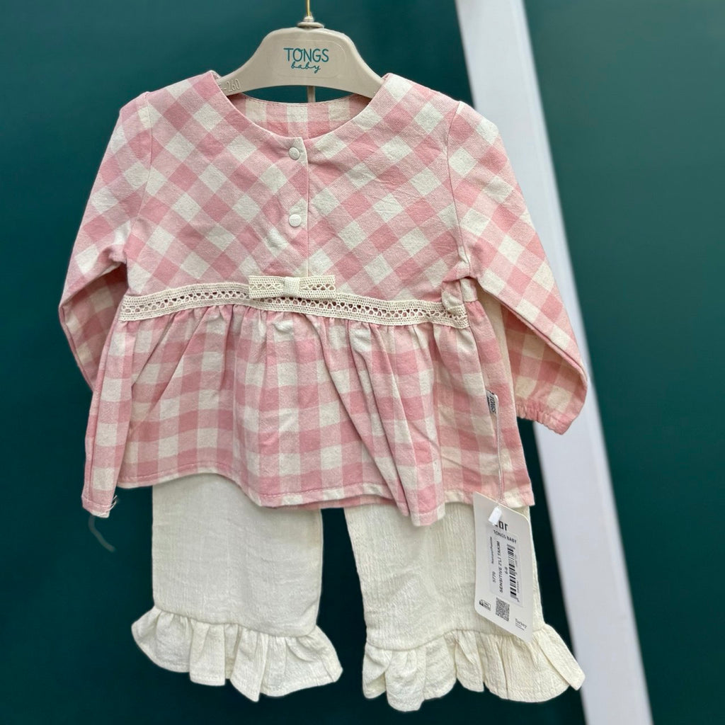 Pink Gingham Peplum & Ruffle-Hem Pant Set