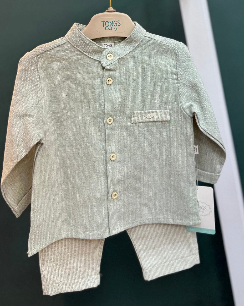 Baby Boy Linen-Look Mandarin Collar Shirt & Pant Set