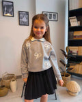 Two-Piece Girls' Grey Bow Print  Sweater & Black Skirt Set