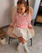 Two-Piece Girls' Pink Bow Print  Sweater & Cream Skirt Set