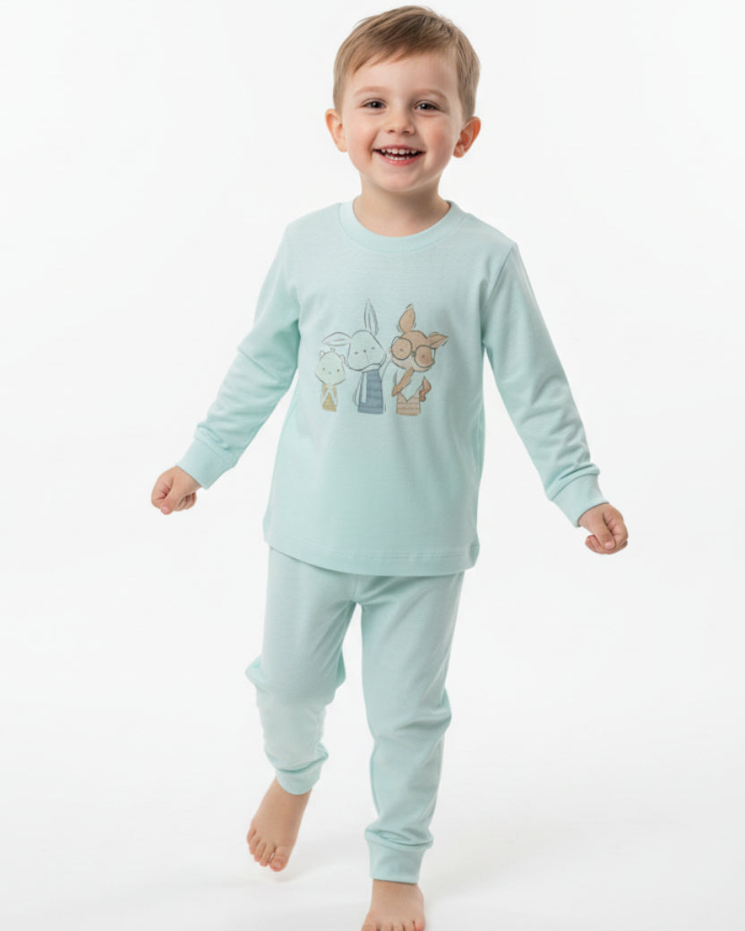 Rabbits Patterned Cotton Pyjama-Baby Blue (2-5 Years)