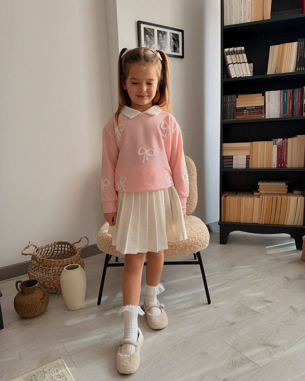 Two-Piece Girls' Pink Bow Print  Sweater & Cream Skirt Set