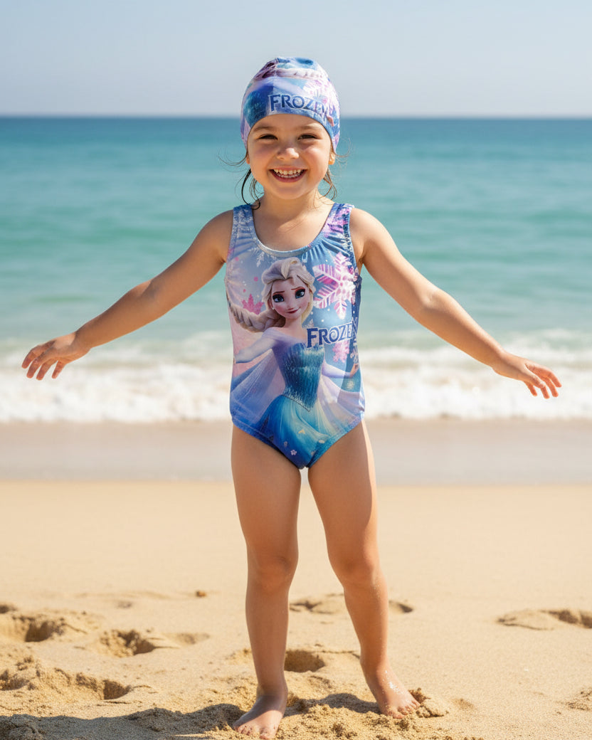 Disney Frozen Elsa Girls One-Piece Swimsuit and Swim Cap Set (18 months-5 years)
