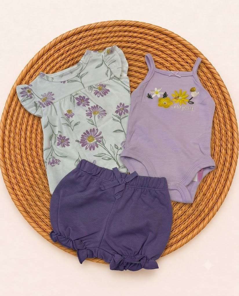 3-Piece Daisy Floral & Purple Ruffle Shorts Set (3 up to 12 months)