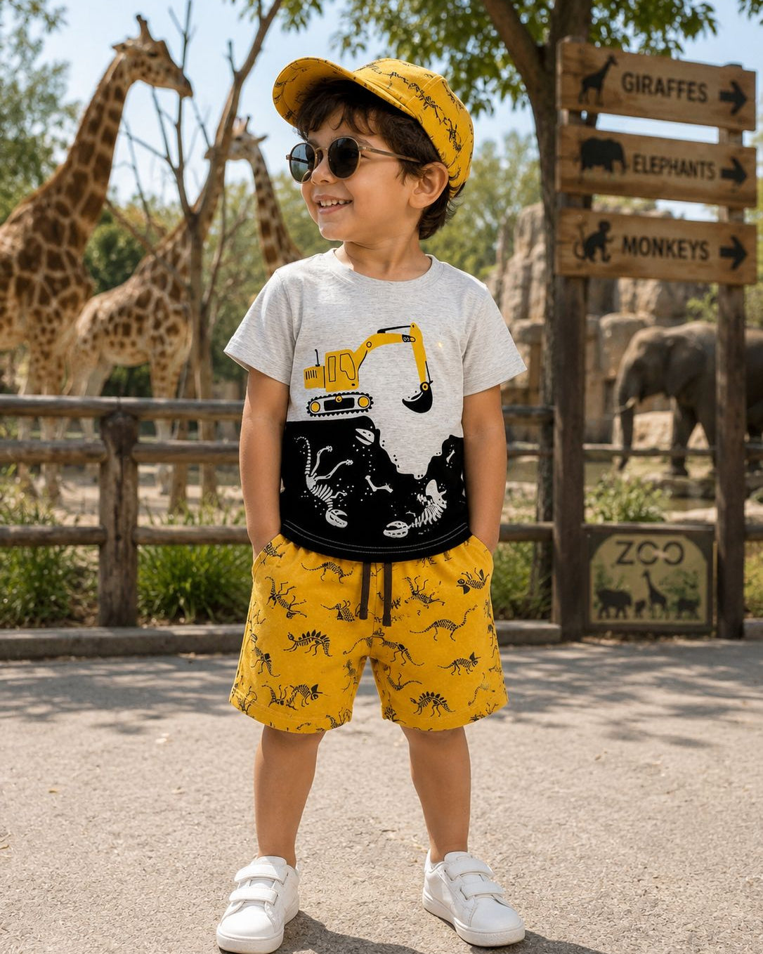 Child in a zoo setting wearing a yellow cap and shorts with animal prints, standing in front of a signpost.