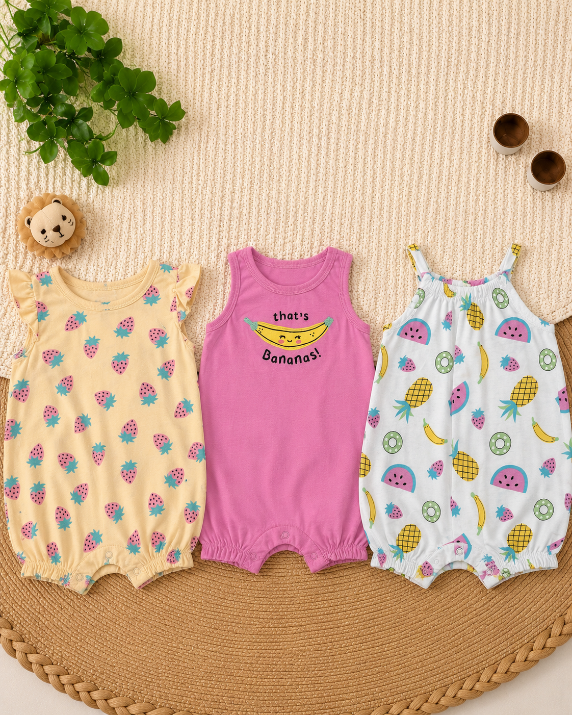 Fruits  Print 3-Piece Romper  Set (12 and 18 months)