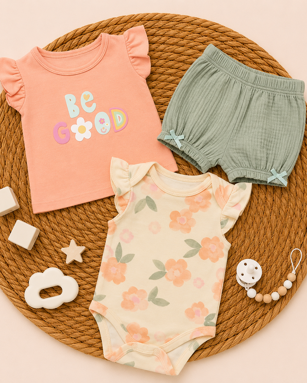 3-Piece Flowers Print & Mint Ruffle Shorts Set (3 up to 12 months)