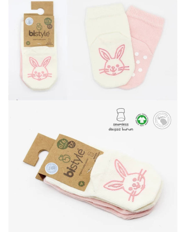 Bistyle Organic 2-Pairs Combed Non-slip Socks (0-36 m) Pink