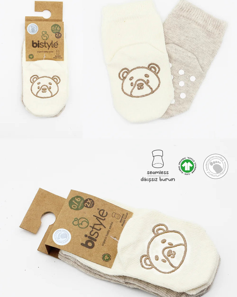 Bistyle Organic 2-Pairs Combed Non-slip Socks (0-36 m) Beige