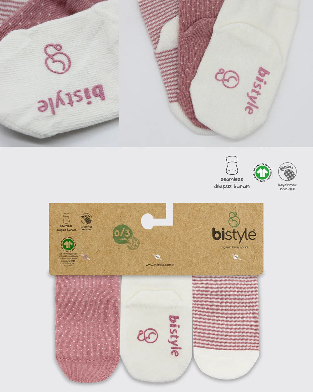 Bistyle Organic 3-Pairs Basic Socks (0-3 m) Pink