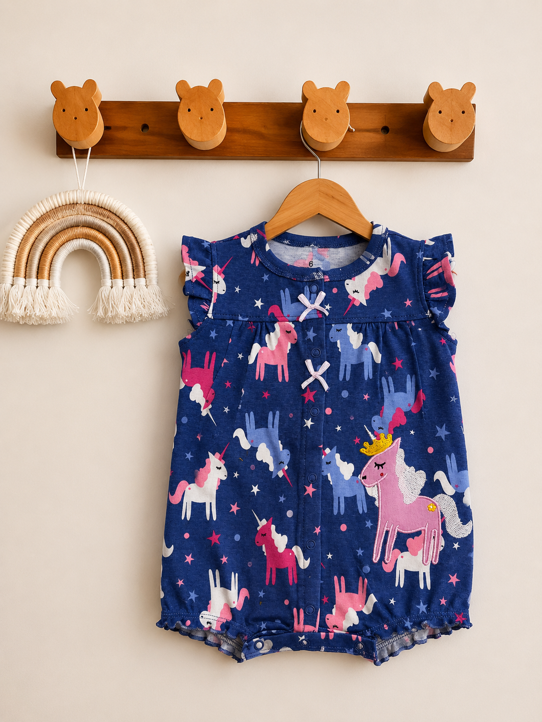 Navy Unicorn Print One-Piece Cotton Romper