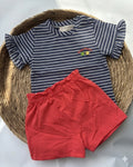 Striped Ruffle-Sleeve T-Shirt and Red Shorts Set ( 6 months- 3 years)