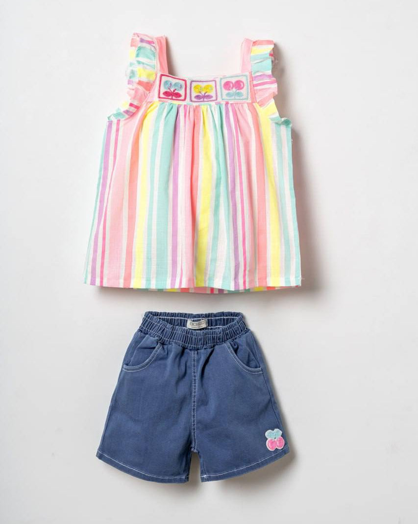 "Pastel Paradise" Striped Ruffle Tunic & Denim Shorts Set ( 2-6 years)