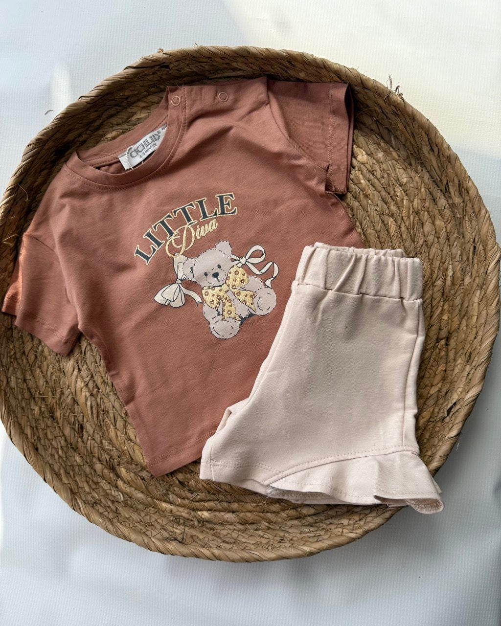 "Little Diva" Terracotta Teddy Bear Set with Ruffled Shorts ( 6 months-3 years)