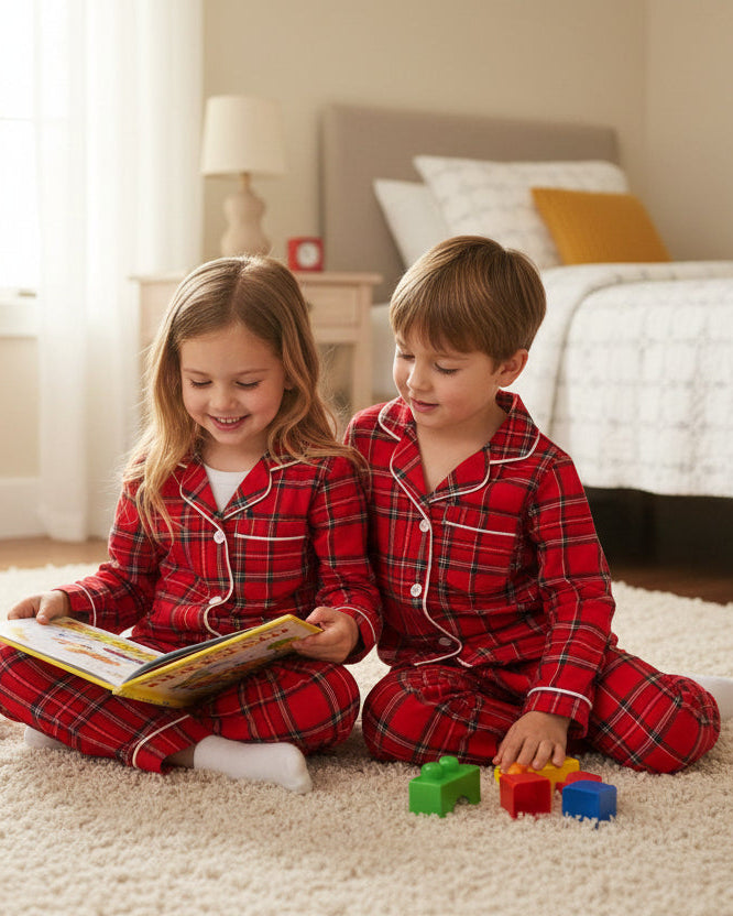 Unisex Toddler & Kids Red Tartan Pyjama Set (3-14) years