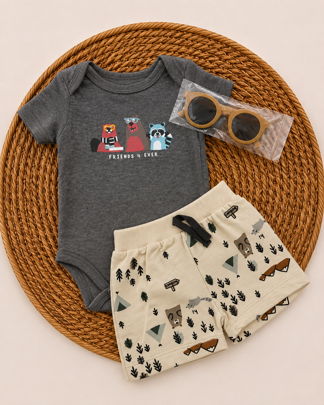 4-Piece Summer Outfit with Sunglasses-forest animals (3 up to 12 months)