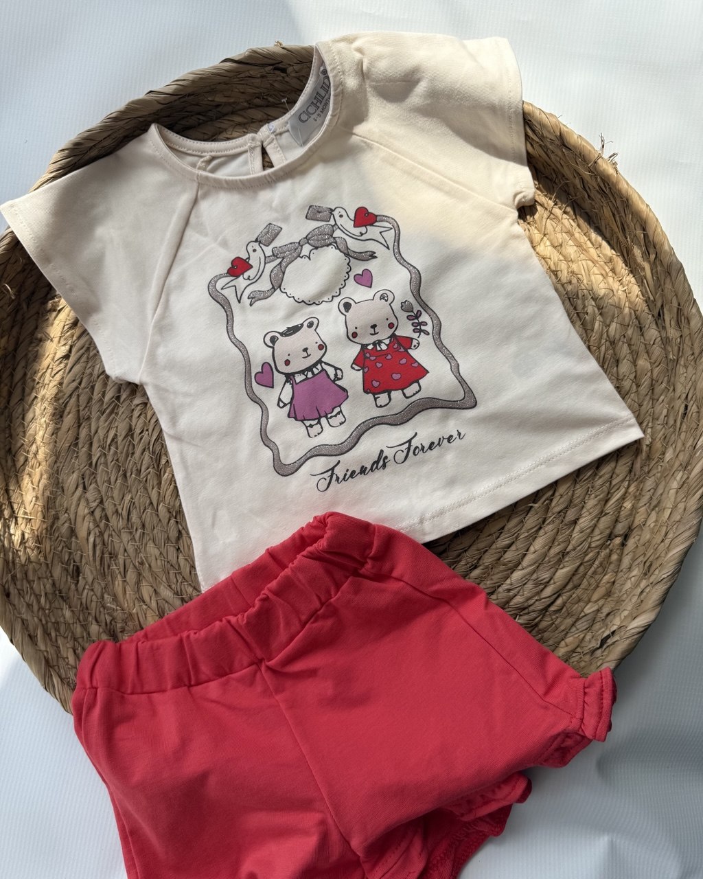 Short Set With Coral Short for Baby Girl-Bear Love ( 9 months-3 years)