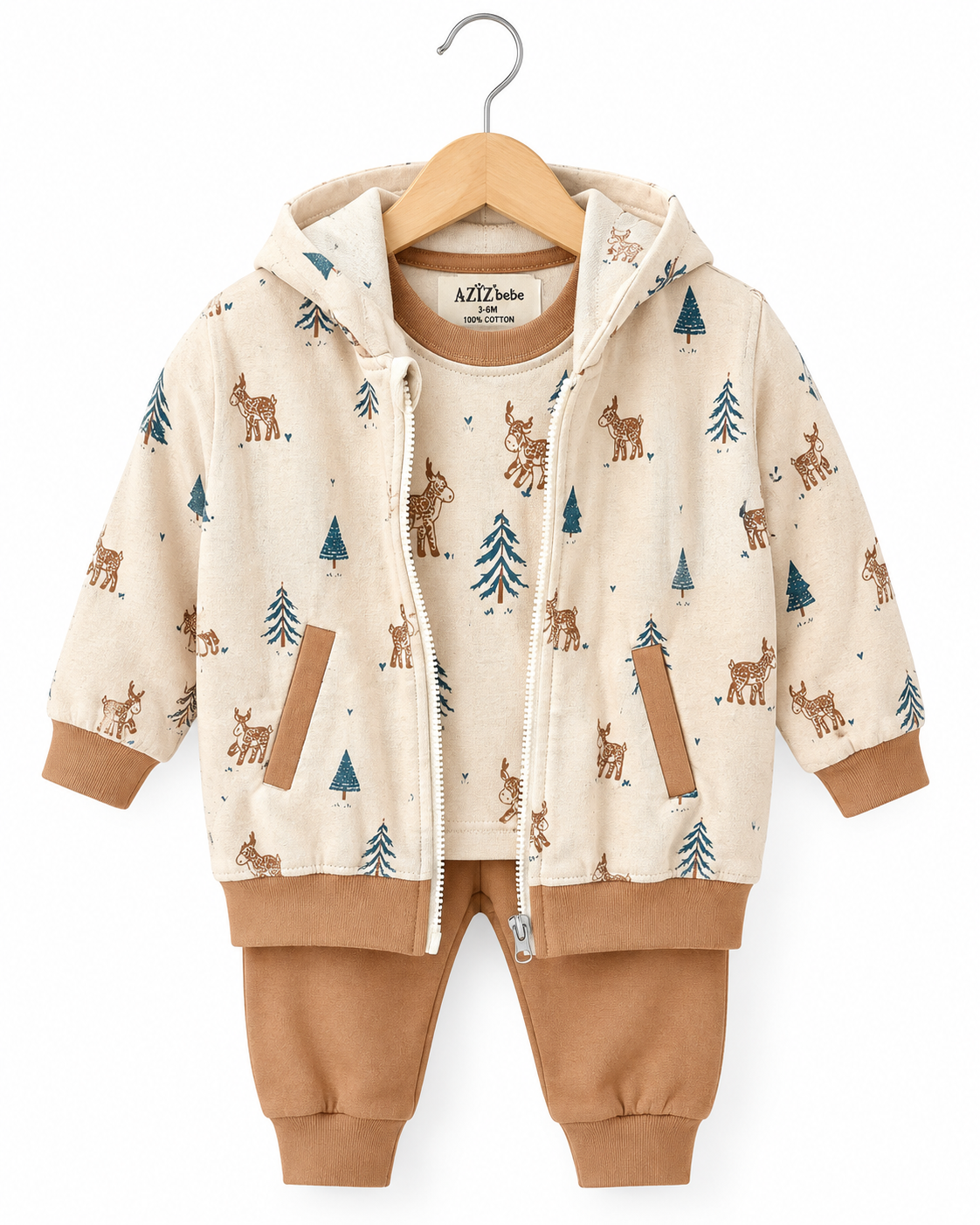 Cute Bear Print Hooded Baby Jacket & Pants 3-Piece CottonSet