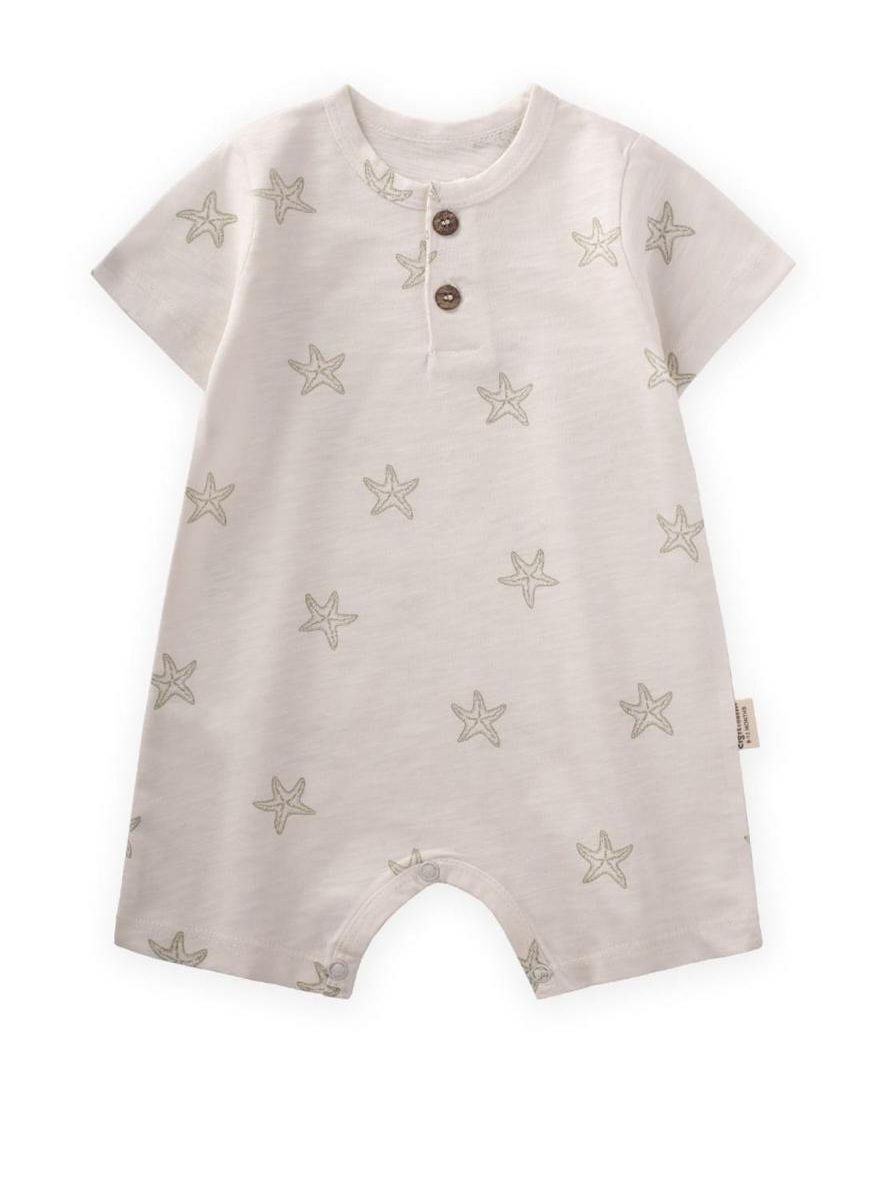 White Cotton Romper With BEIGE Stars