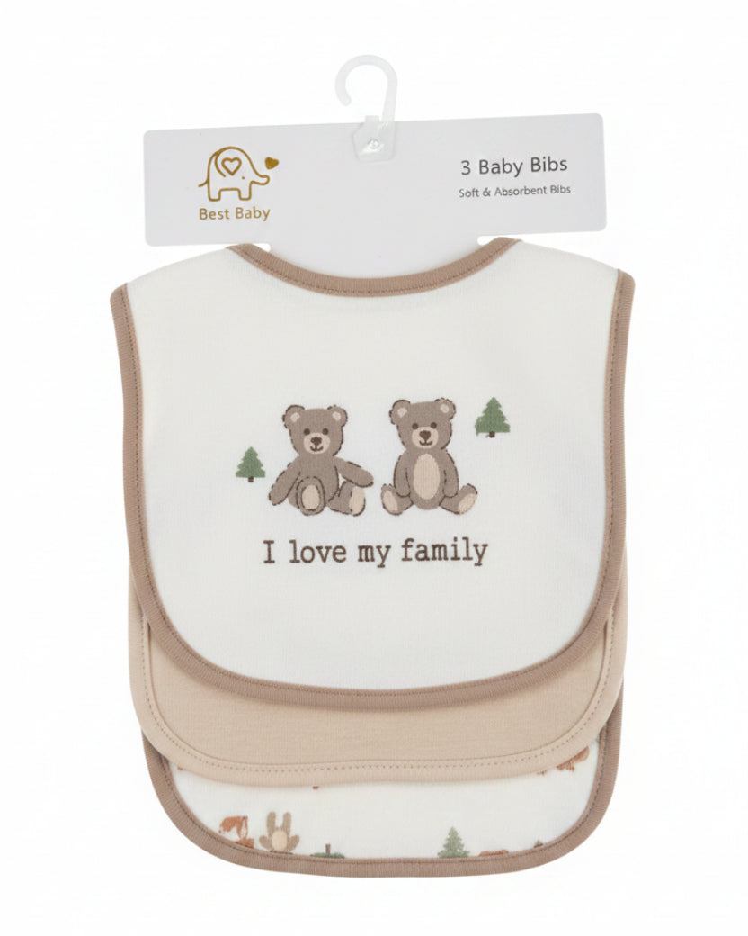 3-Pack Baby Cotton Bib Set – Soft & Absorbent -Bear Print