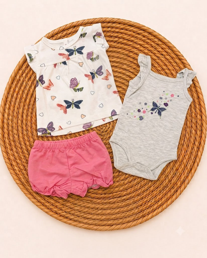 3-Piece Butterfly Print & Pink Ruffle Shorts Set (3 up to 12 months)