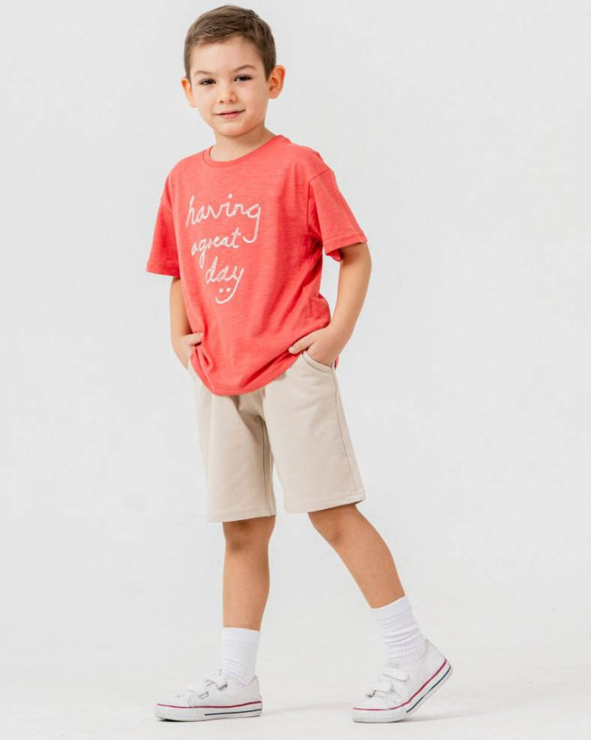 Coral Graphic Tee & Beige Shorts Set ( 2-6 years)