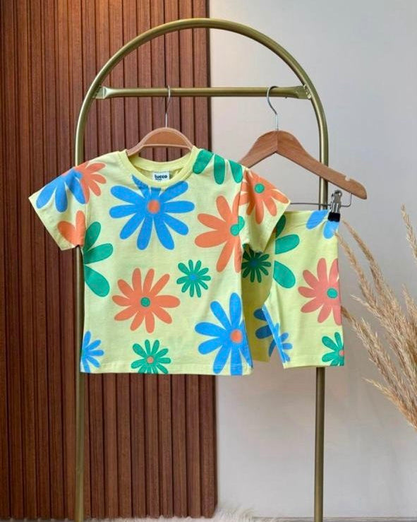 Flowers Print Short Set-Yellow